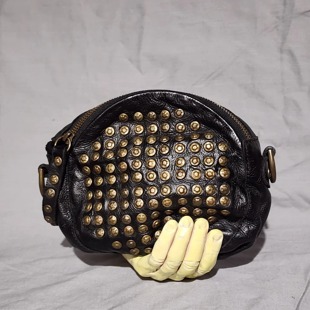 FRYE Black Circle-shaped Leather Studded Crossbody/Clutch/Wristlet - NWOT - Picture 7 of 7